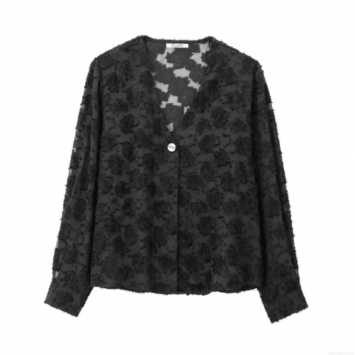 Women's Sheer Jacquard Floral Blouse V Neck Textured Long Sleeve Shirt With Gold Buttons Streetwear European Style Top For Women