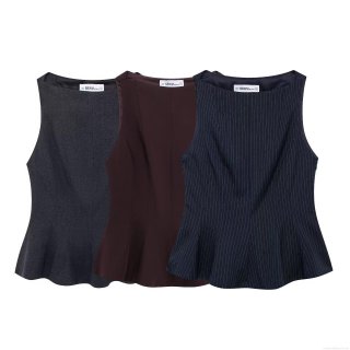 Women's Sleeveless Peplum Top Polyester Round Neck Layered Button Office Blouse For Work Daily Casual European Fashion Chic Striped Solid Shirt