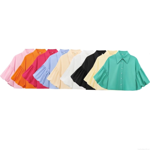 Women Puff Sleeve Button Down Crop Shirt Loose Polo Collar Cotton Blend Blouse Top For Summer Streetwear Fashion Casual Office Lady Daily Wear