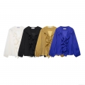 Women's V-Neck Ruffle Blouse Long Sleeve Polyester Shirt Casual Streetwear Layered Decorative Top For Women Fashion Solid Color Office Lady Clothing