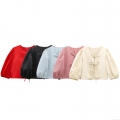Women's Retro Satin Puff Sleeve Blouse Short Bow Tie Front Top Elegant Lantern Sleeve Shirt For Party Casual Ladies