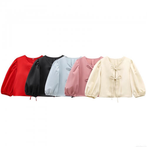 Women's Retro Satin Puff Sleeve Blouse Short Bow Tie Front Top Elegant Lantern Sleeve Shirt For Party Casual Ladies