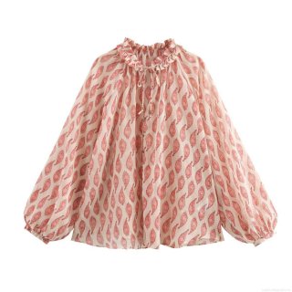 Women Paisley Print Chiffon Blouse Long Bubble Sleeve Ruffle Collar Gold Thread Tie Neck Top Bohemian Streetwear Women Pullover Shirt