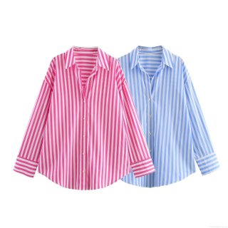 French Niche Striped Loose Casual Button Down Shirt For Women Poplin Polyester Long Sleeve Lapel Collar Top Daily Commute Streetwear
