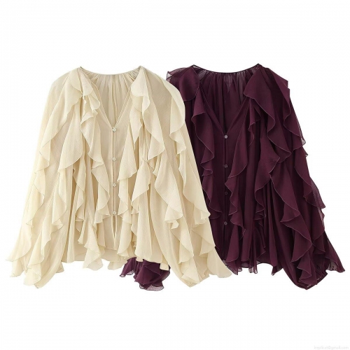 Women's V Neck Layered Ruffle Chiffon Blouse Elegant Long Sleeve Button Down Shirt Solid Color Casual Streetwear Tops For Ladies