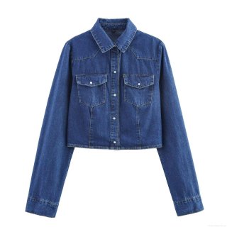 Women's Fashion Short Denim Shirt Jacket Long Sleeve Lapel Cotton Blend Button Down Blouse With Double Chest Pockets For Casual Streetwear