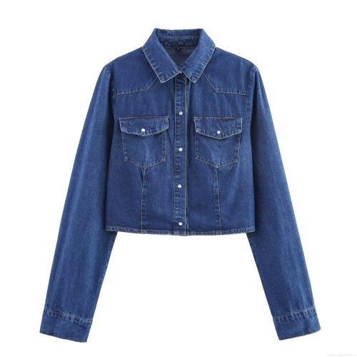 Women's Fashion Short Denim Shirt Jacket Long Sleeve Lapel Cotton Blend Button Down Blouse With Double Chest Pockets For Casual Streetwear
