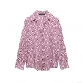 Women's Long Sleeve Button Down Shirt Geometric Print Satin Texture Blouse Turn-Down Collar Loose Casual Tops For Spring Autumn Streetwear Retro Style Burgundy White