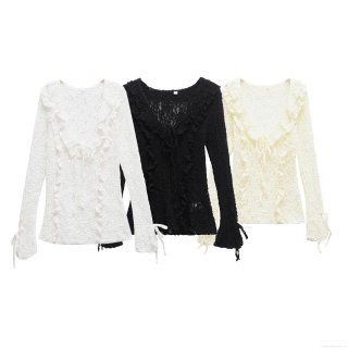 Women Fashion V-Neck Lace Layered Long Sleeve Top Elegant Ruffle Tie-Up Mesh Blouse Streetwear Casual Solid Color Polyester T-Shirt For Ladies