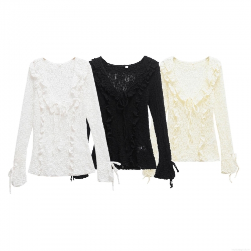 Women Fashion V-Neck Lace Layered Long Sleeve Top Elegant Ruffle Tie-Up Mesh Blouse Streetwear Casual Solid Color Polyester T-Shirt For Ladies