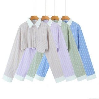 Women Striped Crop Shirt Cotton Blend Polyester Lapel Long Sleeve Single Pocket Button Down Casual Streetwear Spring Fashion Blouse Tops