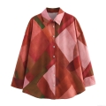 Women's Artistic Geometric Patchwork Satin Blouse Lapel Long Sleeve Button Down Loose Shirt Top For Spring Autumn Streetwear Fashion