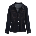 Women Denim Long Sleeve Shirt Slim Fit Turn-down Collar Button Down Blouse Top With Contrast Stitching Casual Streetwear Office Lady