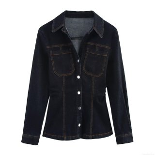 Women Denim Long Sleeve Shirt Slim Fit Turn-down Collar Button Down Blouse Top With Contrast Stitching Casual Streetwear Office Lady