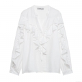 Women's V-Neck Ruffle Layered Blouse Long Sleeve White 100% Polyester Shirt Loose Fit Casual Streetwear Tops For Daily Dating Ladies Fashion Blouse