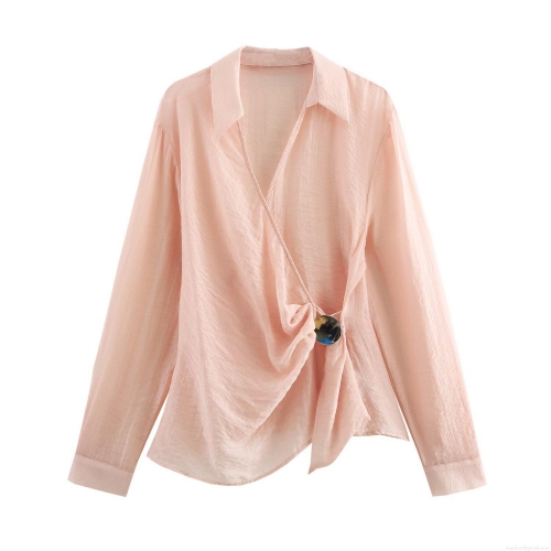 Women's Elegant Wrap V-Neck Chiffon Blouse Solid Color Long Sleeve Shirt With Metal Ring Buckle Detail Casual Streetwear Peach Top
