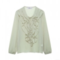 Women's Long Sleeve Blouse 100% Polyester Crinkled Fabric V-Neck Tie-Up Ruffled Decor Lantern Sleeve Western Street Style Solid Color Casual Pullover Top