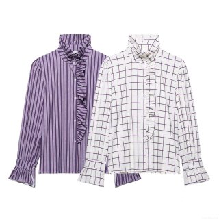 Women's Long Sleeve Polyester Striped Blouse With Ruffle Collar And Wood Ear Edge Retro Grid Shirt For Daily Casual Commute Elegant Top