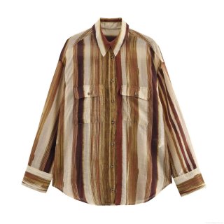 Women's Vintage Striped Long Sleeve Shirt Casual Lapel Button Up Loose Fit Blouse With Double Chest Pockets Fashion Streetwear Tops
