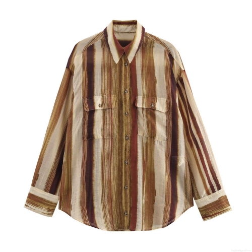 Women's Vintage Striped Long Sleeve Shirt Casual Lapel Button Up Loose Fit Blouse With Double Chest Pockets Fashion Streetwear Tops