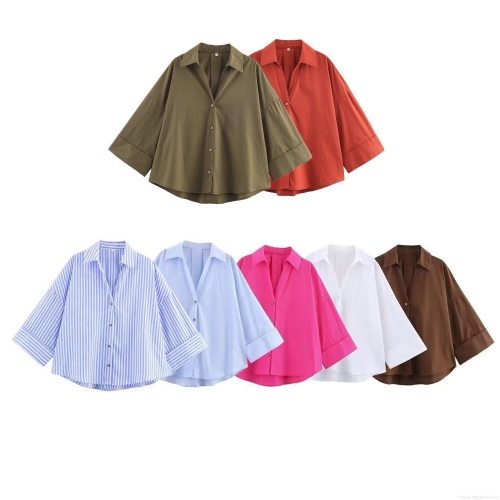 Women's Casual Oversized Poplin Blouse Lapel Long Sleeve Button Down Shirt Solid Color Striped Streetwear Loose Fit Tops For Ladies