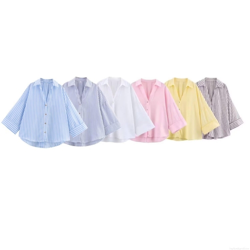 Women's Casual Linen Blend V-Neck Striped Blouse Loose Fit Button Down 3/4 Sleeve Shirt Office Lady Solid Color Summer Streetwear Tops
