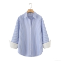 Women's Striped Oxford Shirt Long Sleeve Button Down Blouse Casual Loose Fit Top With Contrast Cuff Design Fashion Office Wear Streetwear Women Clothing