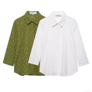 Women's Hollow Out Embroidery Shirt Turn-down Collar Loose Blouse Casual Streetwear Solid Color Eyelet Embroidered Button Down Top