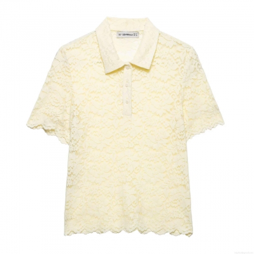 Women Short Sleeve Lace Polo Shirt Elegant Hollow Out Floral Embroidery Polyester Blouse Summer Streetwear Casual Tops For Lady