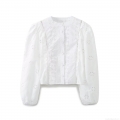 Elegant Women's White Eyelet Embroidered Blouse 85% Cotton Long Sleeve Round Neck Button Down Shirt Street Style Chic Top for Women