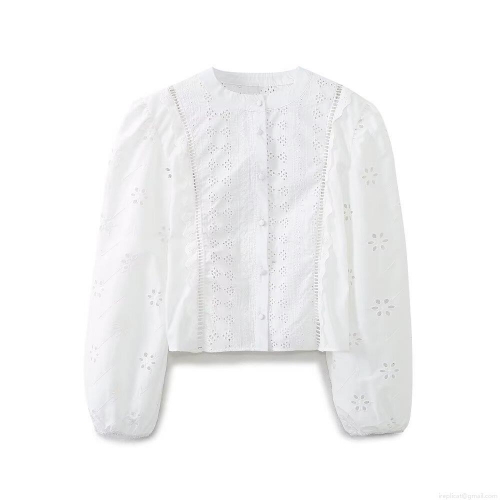 Elegant Women's White Eyelet Embroidered Blouse 85% Cotton Long Sleeve Round Neck Button Down Shirt Street Style Chic Top for Women Elegant Women's White Eyelet Embroidered Blouse 85% Cotton Long Sleeve Round Neck Button Down Shirt Street Style Chic Top for Women