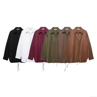 Women's Lace Up Front Long Sleeve Shirt 100% Polyester Turnover Collar Loose Blouse Casual Streetwear Top for Women
