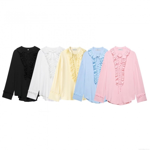 Women's V Neck Ruffle Tiered Chiffon Blouse Elegant Long Sleeve Tie Front Shirt Casual Streetwear Solid Color Polyester Top for Women