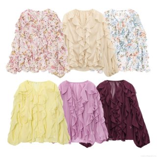 Women's Elegant Ruffle V-Neck Long Sleeve Chiffon Blouse Casual Loose Floral Print Patchwork Button Down Shirt For Daily Vacation Streetwear Ladies Top