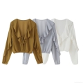 Women's V-Neck Ruffle Chiffon Blouse Long Sleeve Tie-Front Short Shirt Casual Streetwear Solid Color Breathable Top for Women Spring Summer Daily Wear