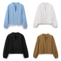 Women's Vintage Cotton Blend Embroidered Eyelet Blouse V Neck Lantern Long Sleeve Button Down Shirt Top Solid Color Casual Streetwear Top for Women