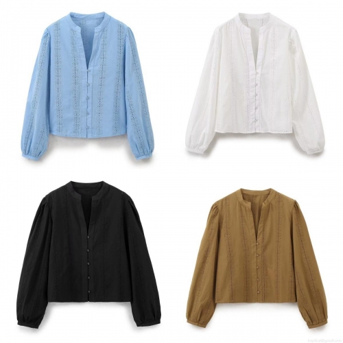 Women's Vintage Cotton Blend Embroidered Eyelet Blouse V Neck Lantern Long Sleeve Button Down Shirt Top Solid Color Casual Streetwear Top for Women Women's Vintage Cotton Blend Embroidered Eyelet Blouse V Neck Lantern Long Sleeve Button Down Shirt Top Solid Color Casual Streetwear Top for Women
