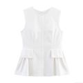 Women's Elegant Peplum Top Sleeveless Round Neck 100% Cotton Twill Blouse With Decorative Pocket Back Invisible Zipper Slim Fit Solid White Summer Street Style Shirt