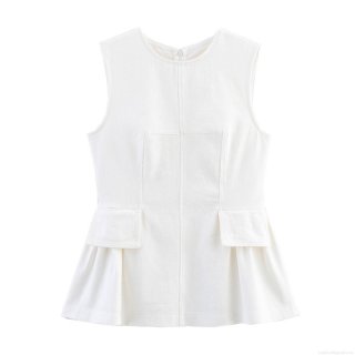 Women's Elegant Peplum Top Sleeveless Round Neck 100% Cotton Twill Blouse With Decorative Pocket Back Invisible Zipper Slim Fit Solid White Summer Street Style Shirt
