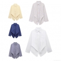 Women Striped Polyester Shirt Casual Batwing Long Sleeve Blouse Lapel Neck Asymmetric Twist Knot Hem Single Breasted Top Fashion Streetwear Ladies
