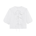 Women's Elegant Lace Embroidery Short Sleeve Blouse 100% Polyester Peter Pan Collar Bow Tie Front Top For Summer Party Streetwear