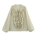 Women's Sexy V Neck Layered Ruffle Chiffon Blouse Elegant Tie Front Semi Transparent Pleated Long Sleeve Top Casual Streetwear Fashion Shirt