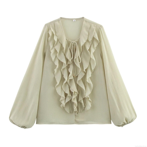 Women's Sexy V Neck Layered Ruffle Chiffon Blouse Elegant Tie Front Semi Transparent Pleated Long Sleeve Top Casual Streetwear Fashion Shirt
