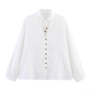 Women's European American Fashion Stand Collar Shirt With Fungus Edge Wooden Buttons Solid White Long Sleeve Polyester Blouse With Beaded Tie Neckline For Summer Casual Streetwear