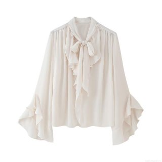 Women's Elegant Polyester Chiffon Bow Tie Neck Blouse Loose Long Sleeve Shirt with Ruffle Cuffs for Office Party Casual Wear
