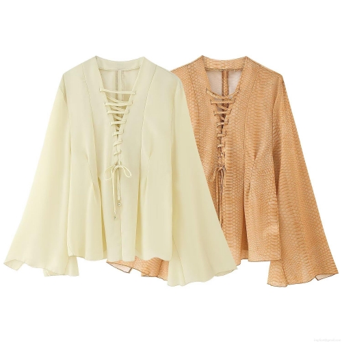 Women's Chiffon Blouse V Neck Lace Up Front Flare Long Sleeve Snake Print Solid Color European Style Casual Tops For Women Streetwear Fashion Spring Summer