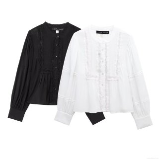 Women's Western Style Round Neck Solid Color Lace Patchwork Long Sleeve Blouse Elegant Pleated Button Down Shirt For Daily Party Women