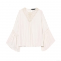 Women V Neck Lace Patchwork Blouse Flare Sleeve Pleated Pullover Shirt Elegant Solid Color Long Sleeve Top For Summer Spring Office Daily Casual