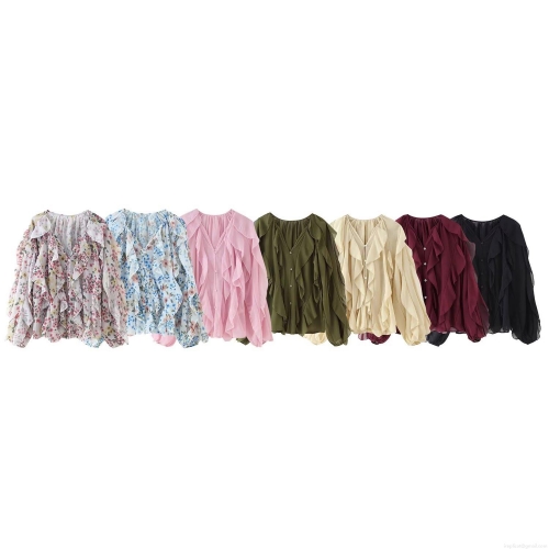 Women's V-Neck Ruffle Blouse Long Sleeve Button Down Chiffon Shirt Casual Solid Floral Layered Tops For Spring Summer Dating Daily Women Fashion