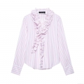 Women's Ruffle Trim Striped Blouse V Neck Long Sleeve Polyester Shirt For Daily Casual Streetwear Fashionable 2025 Spring Tops
